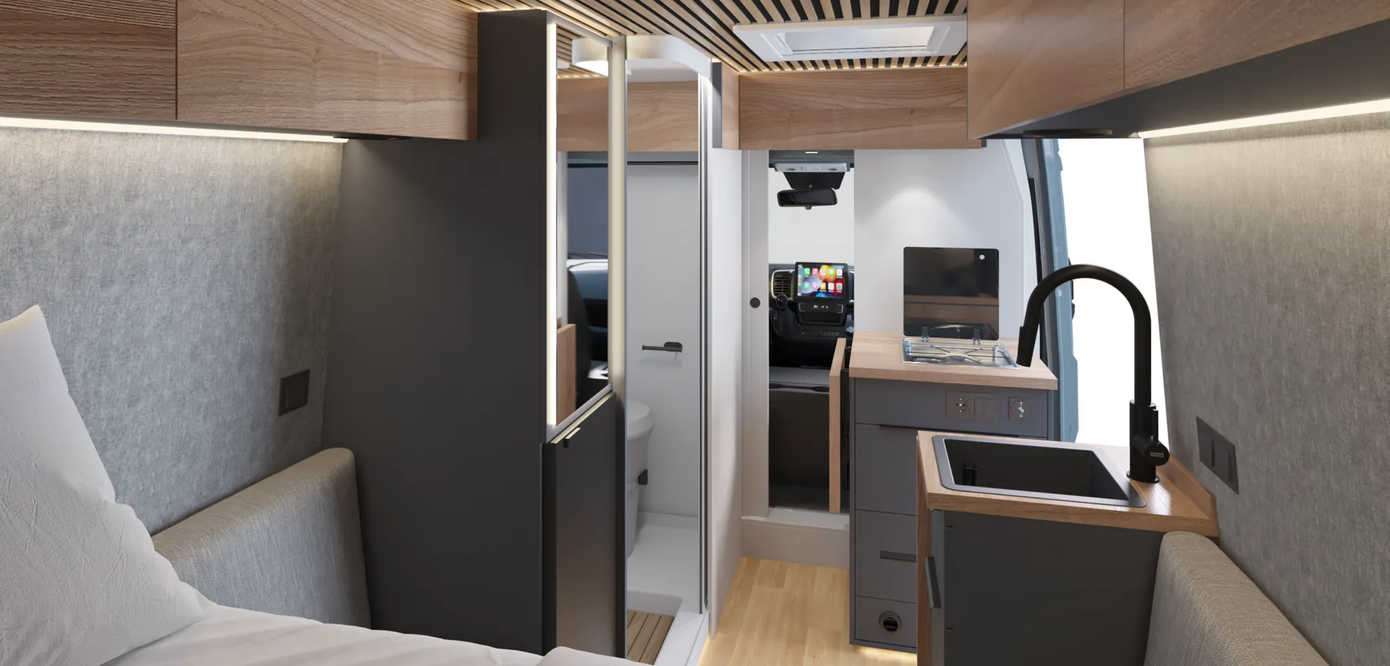 Interior de la Neo S con mobiliario en gris antracita