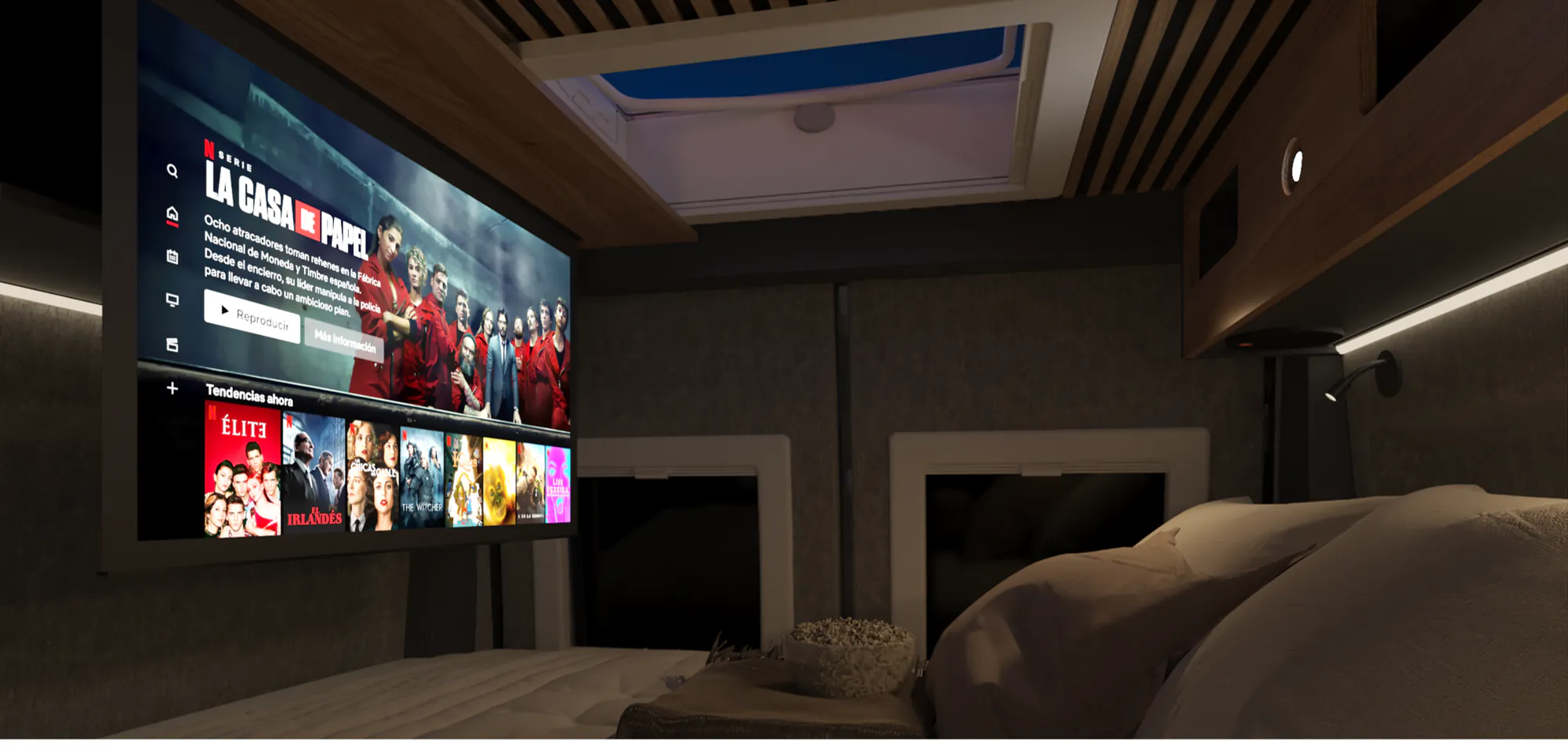Pack Cine de la Neo S con la pantalla desplegada sobre la cama