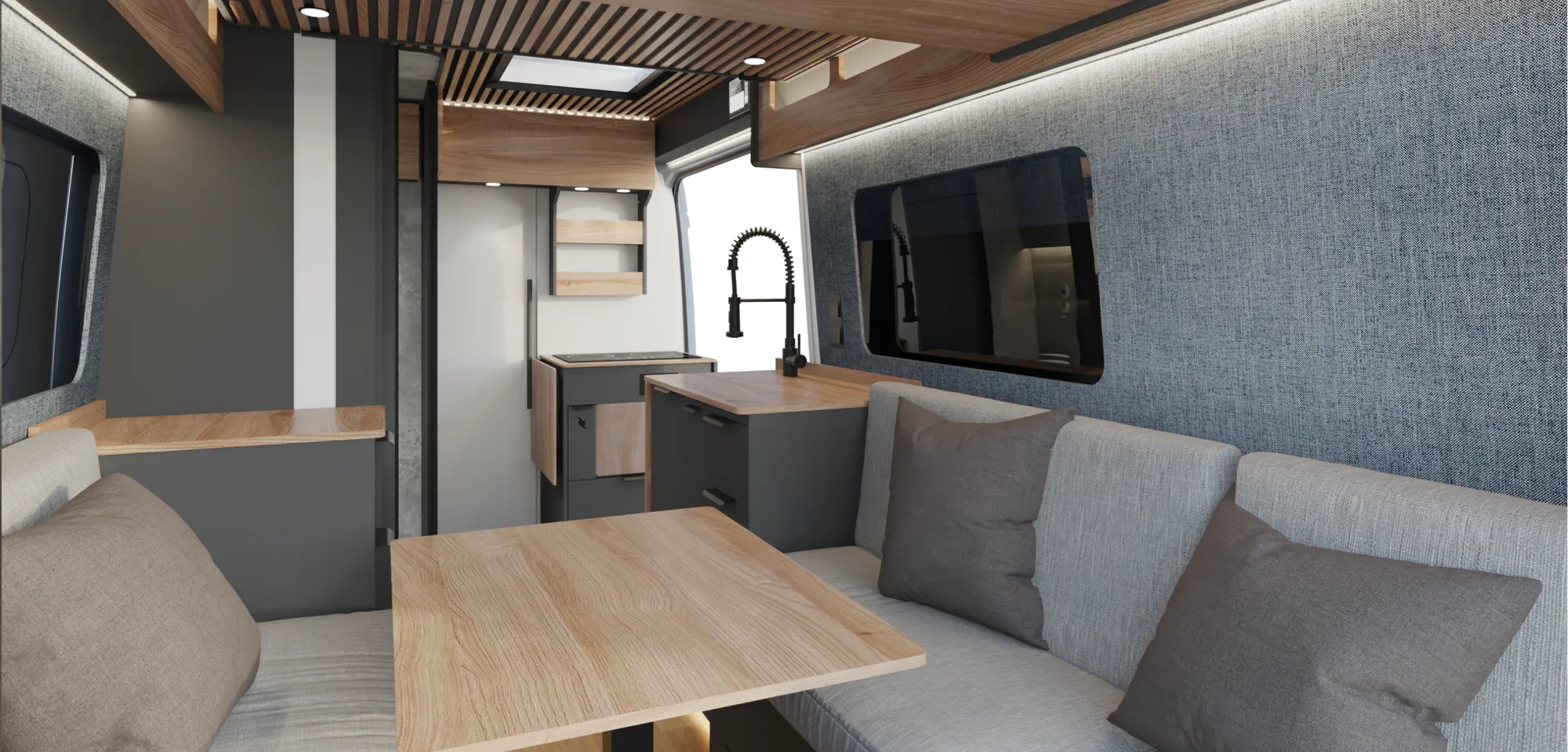 Interior de la Space S con mobiliario en gris antracita