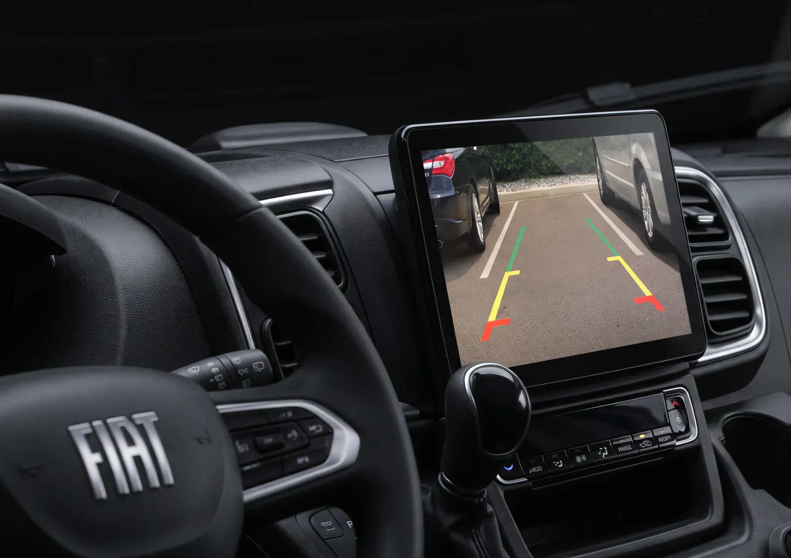 The 10-inch touchscreen in the Space's cab, showing the reversing camera