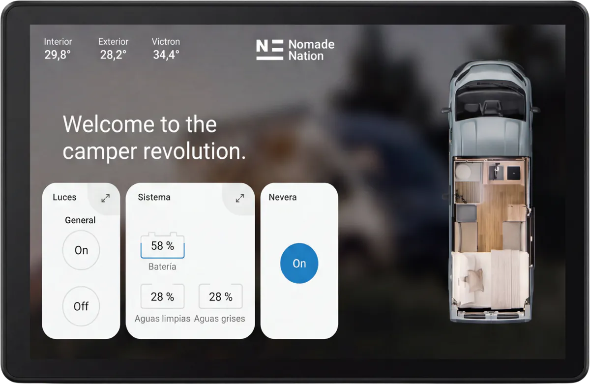 The Space's integrated Garmin screen, with the camper's controls
