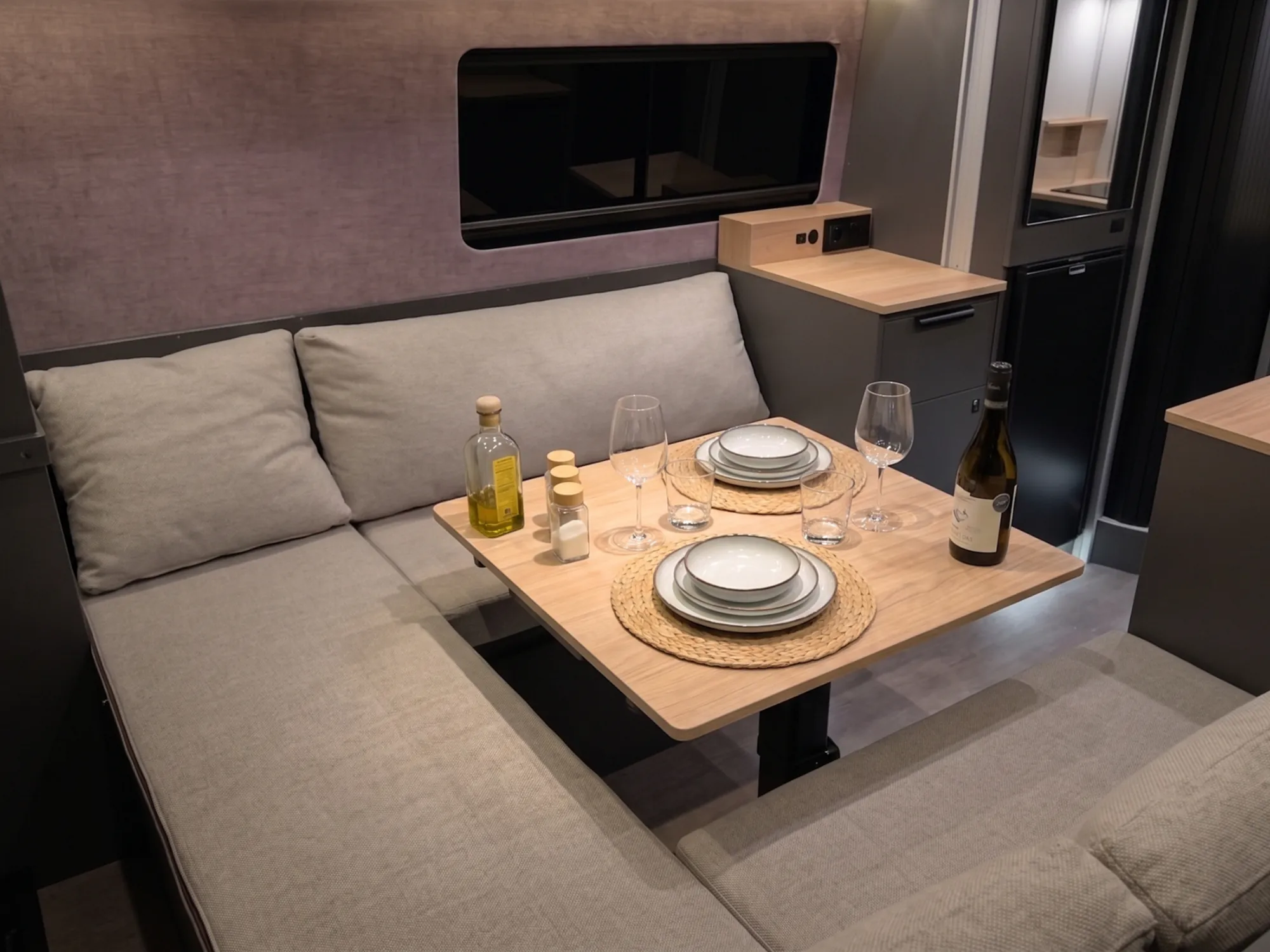 The Space's lounge with the table laid and the sofas facing each other