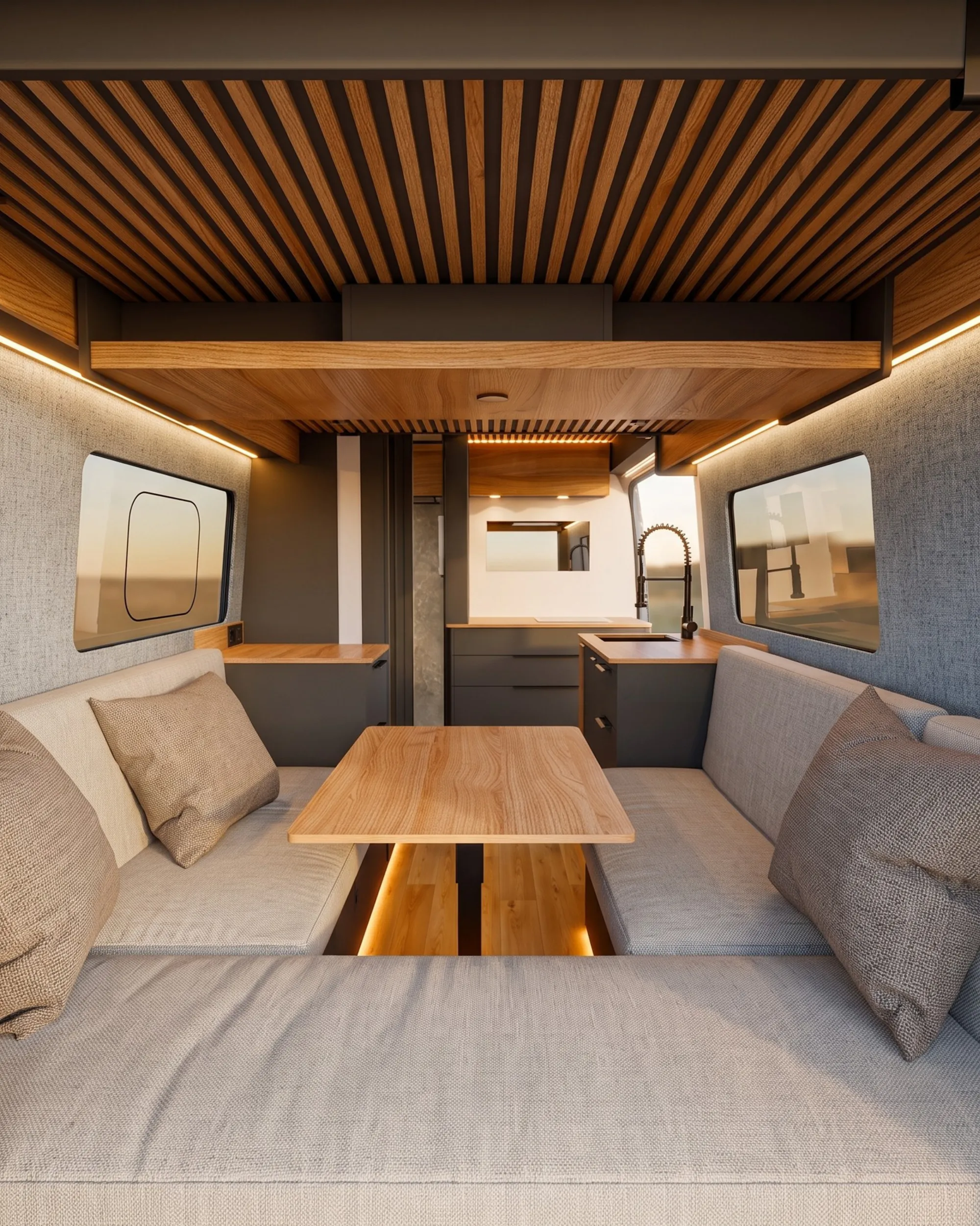 The Space's interior looking towards the bed, with its slatted wooden ceiling