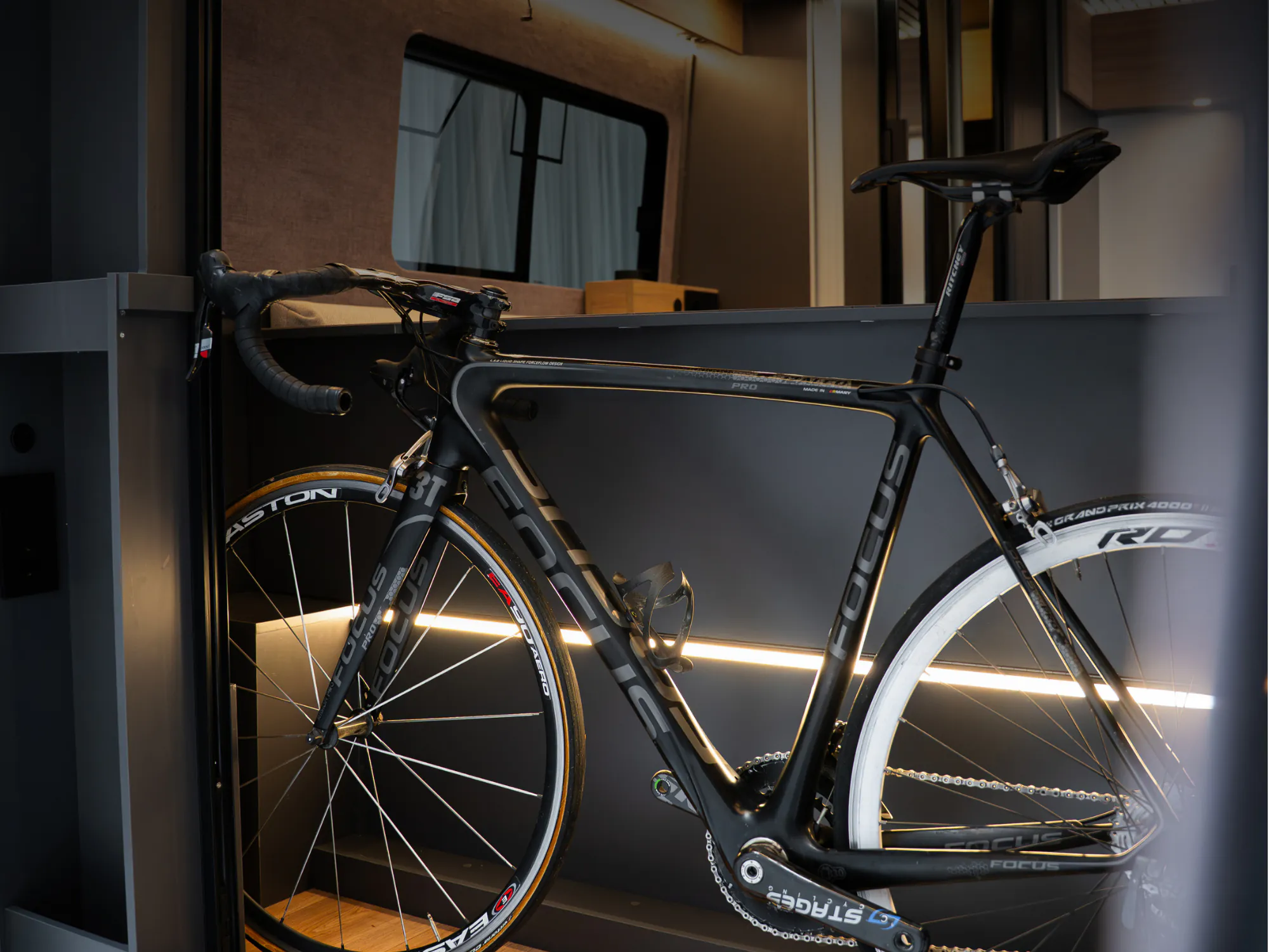 A bicycle standing in the Space's multi-position garage