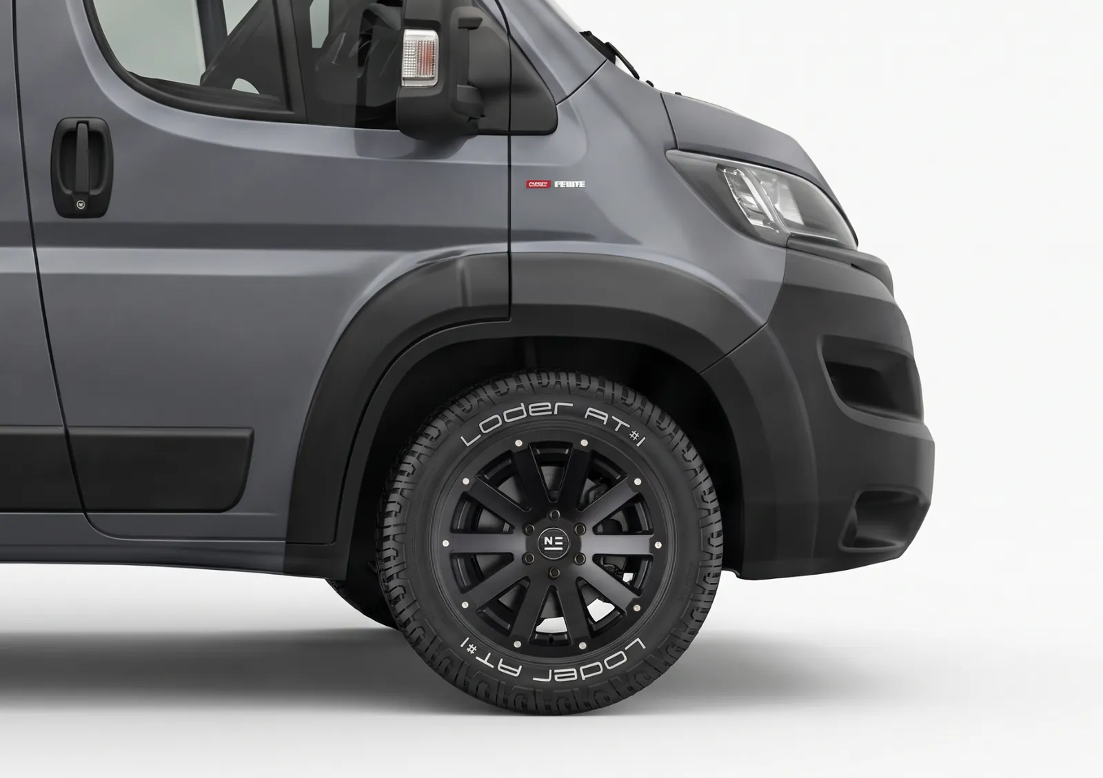 An off-road wheel on the Space with a Loder AT tyre
