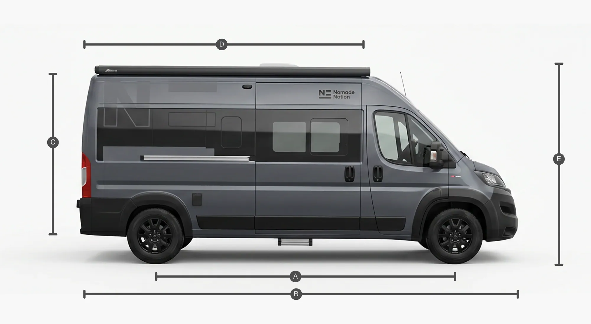 Vista lateral de la Fiat Ducato con las cotas A a E